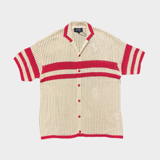 WIDE STRIPED CROCHET SHIRT - TAN/BURGUNDY