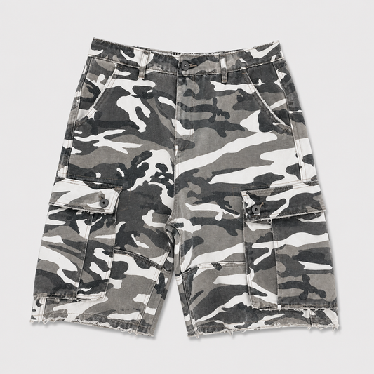 EXTRA BAGGY CAMO CANVAS SHORTS  - WHITE/BLACK