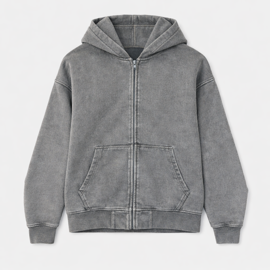 VINTAGE WASH ZIP HOODIE - CHARCOAL