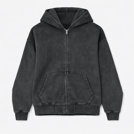 VINTAGE WASH ZIP HOODIE - BLACK