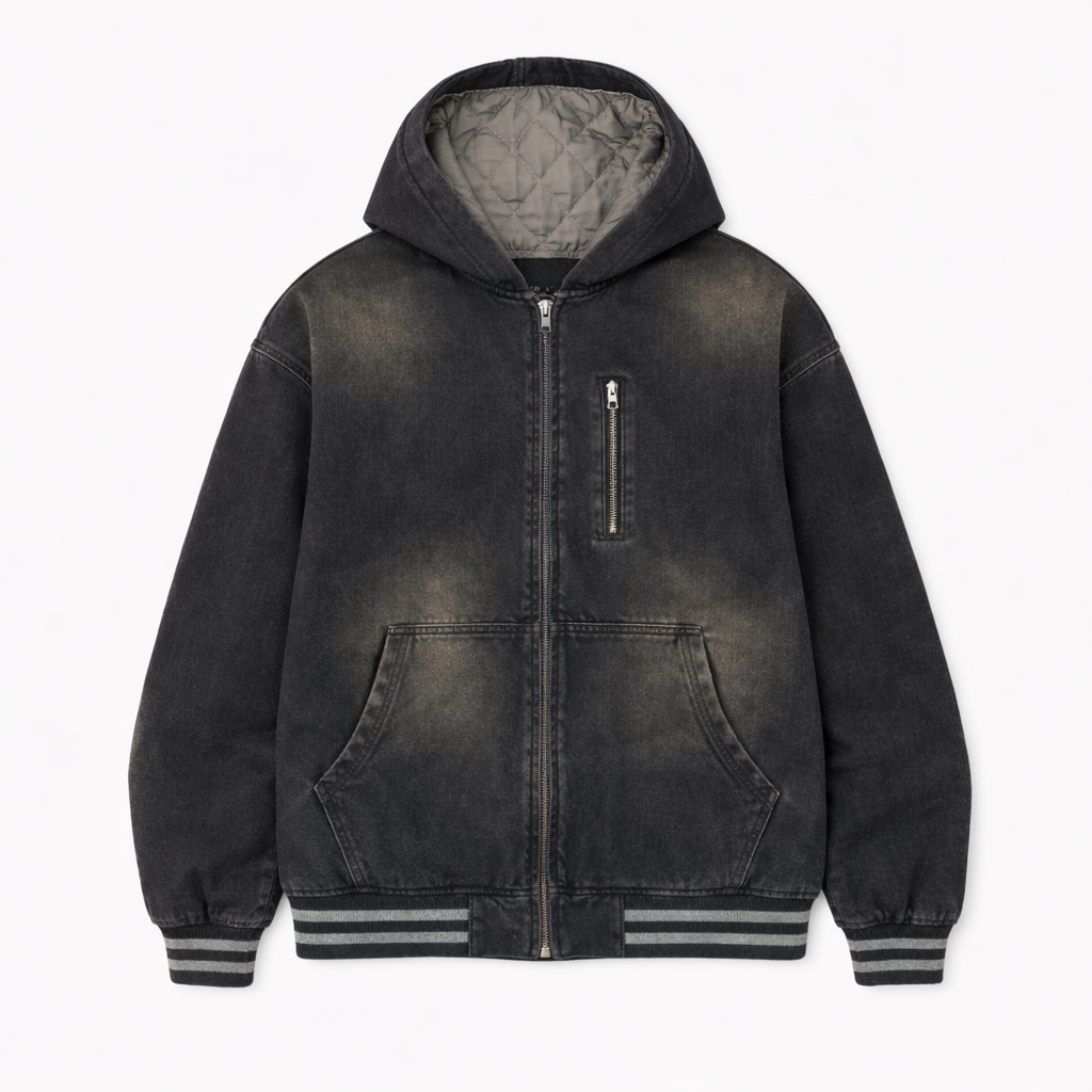 DIRTY DENIM QUILTED JACKET - BLACK