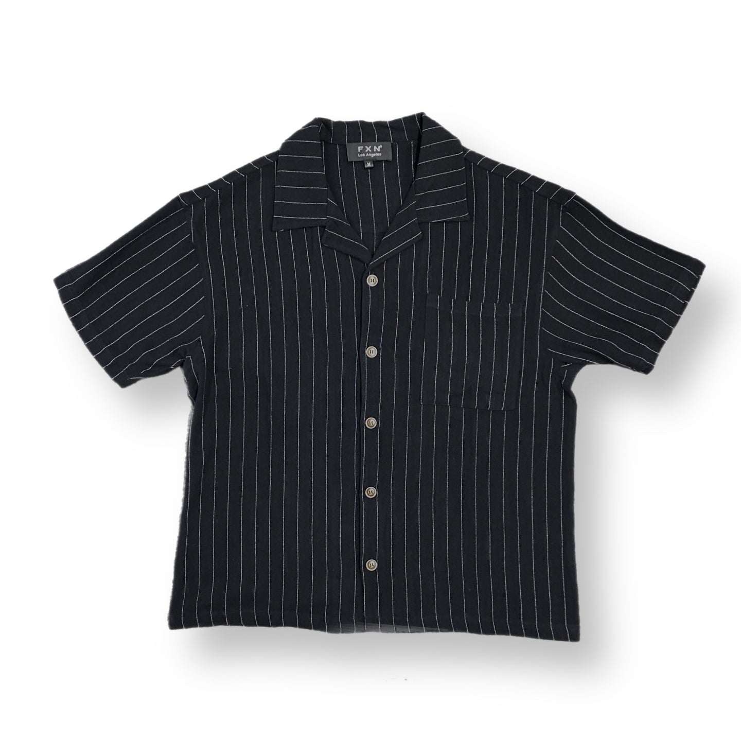 PINSTRIPE LINEN SHORT SLEEVE SHIRT - BLACK