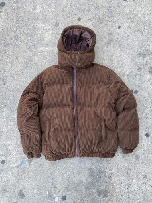 HOODED CORDUROY PUFF JACKET - BROWN