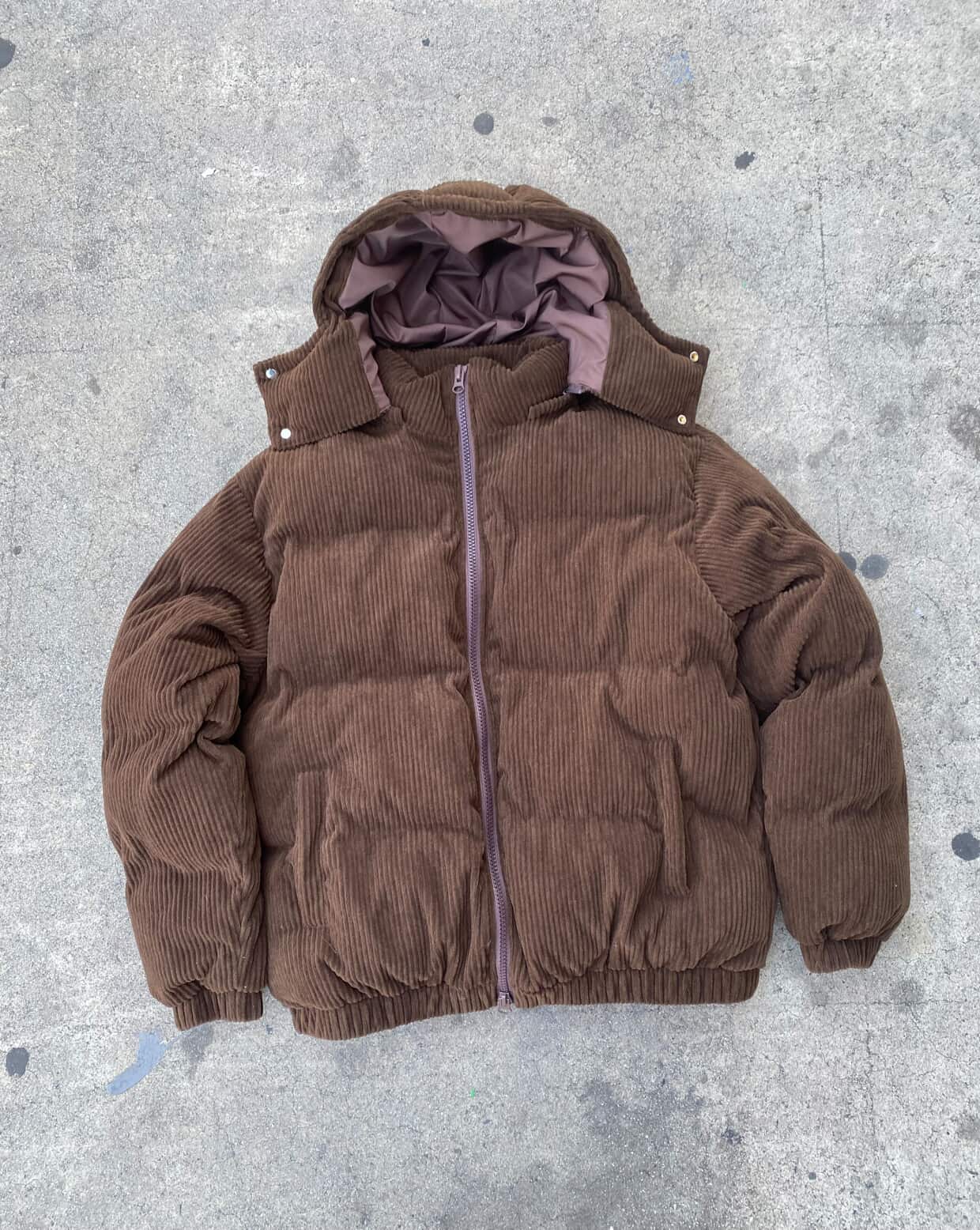 HOODED CORDUROY PUFF JACKET - BROWN