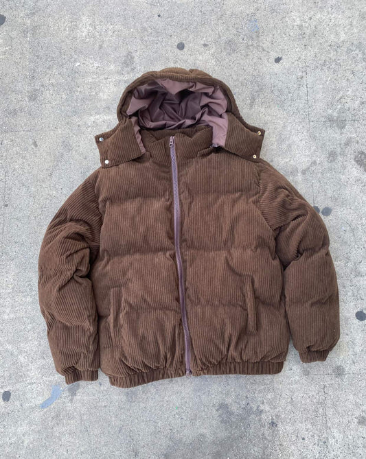HOODED CORDUROY PUFF JACKET - BROWN