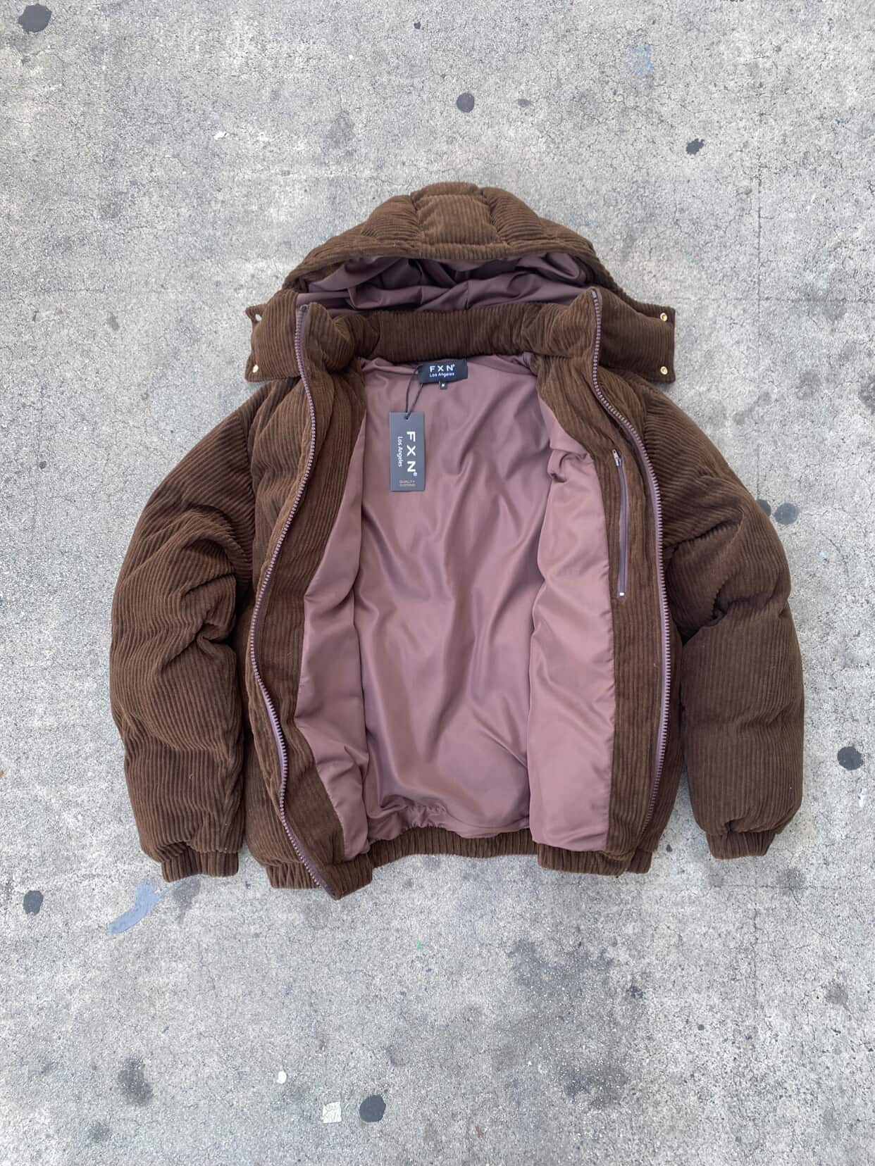HOODED CORDUROY PUFF JACKET - BROWN