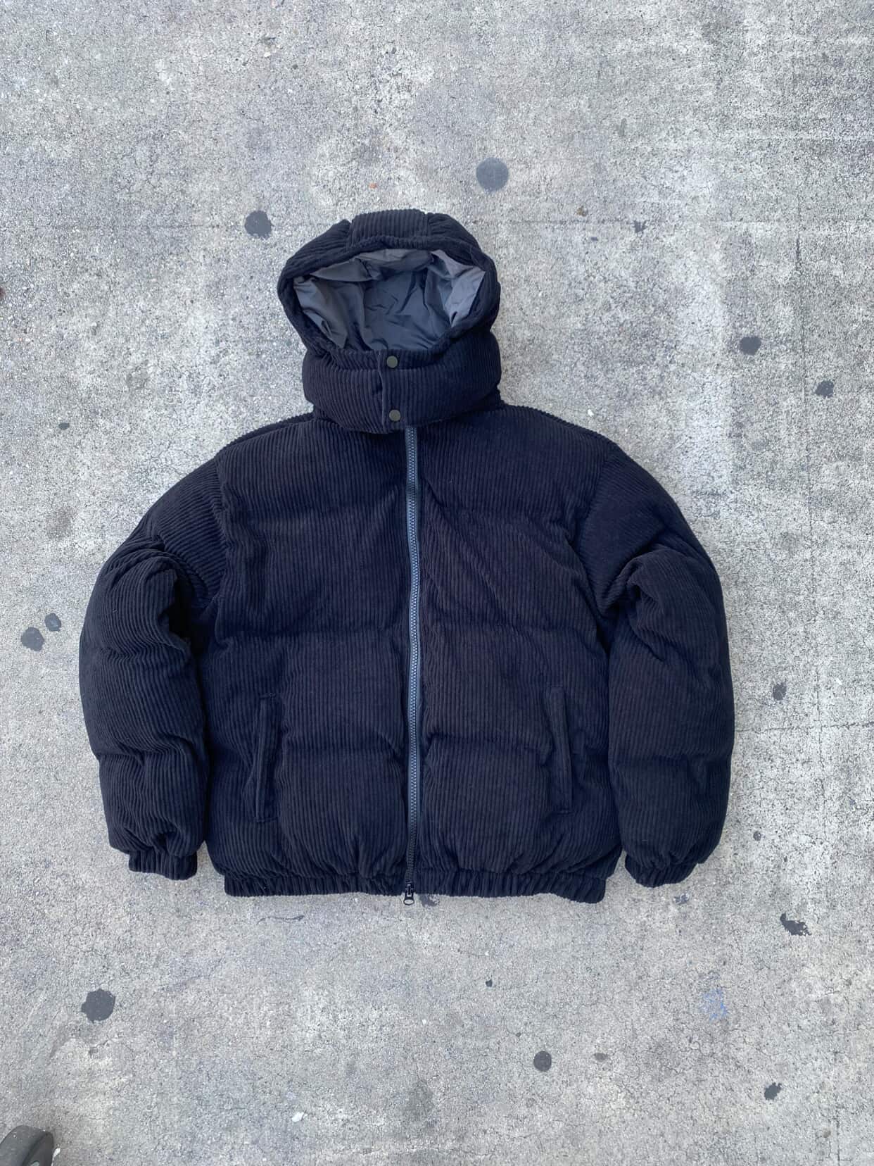 HOODED CORDUROY PUFF JACKET - BLACK