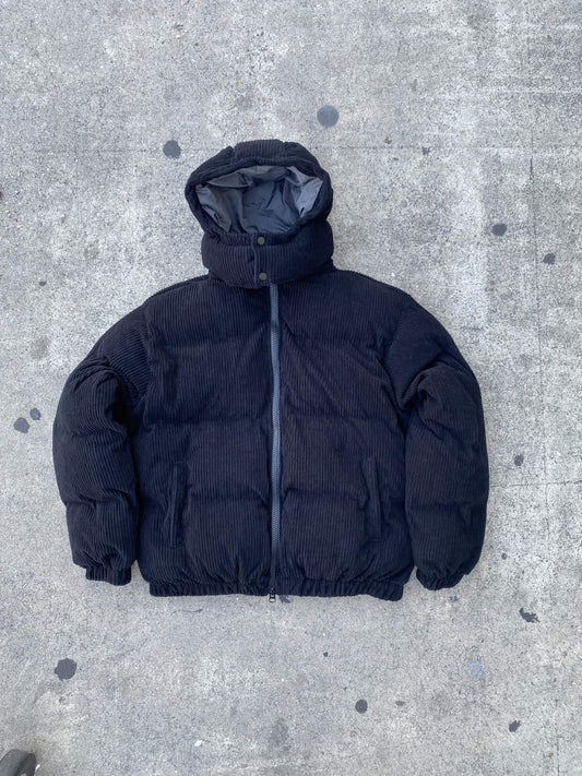 HOODED CORDUROY PUFF JACKET - BLACK