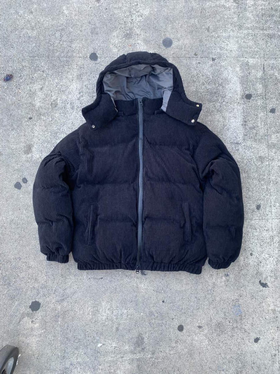 HOODED CORDUROY PUFF JACKET - BLACK