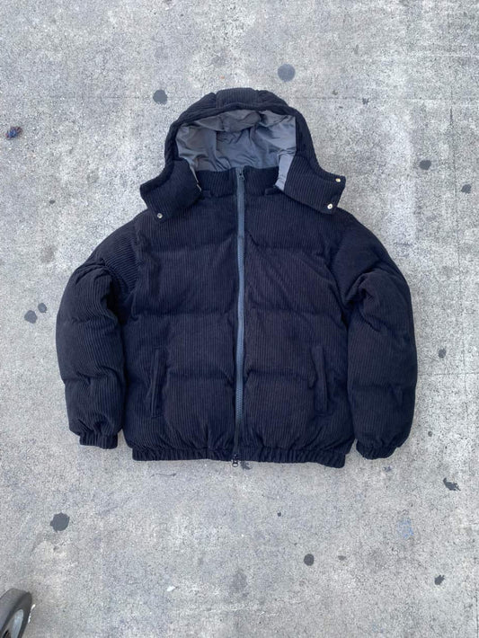 HOODED CORDUROY PUFF JACKET - BLACK