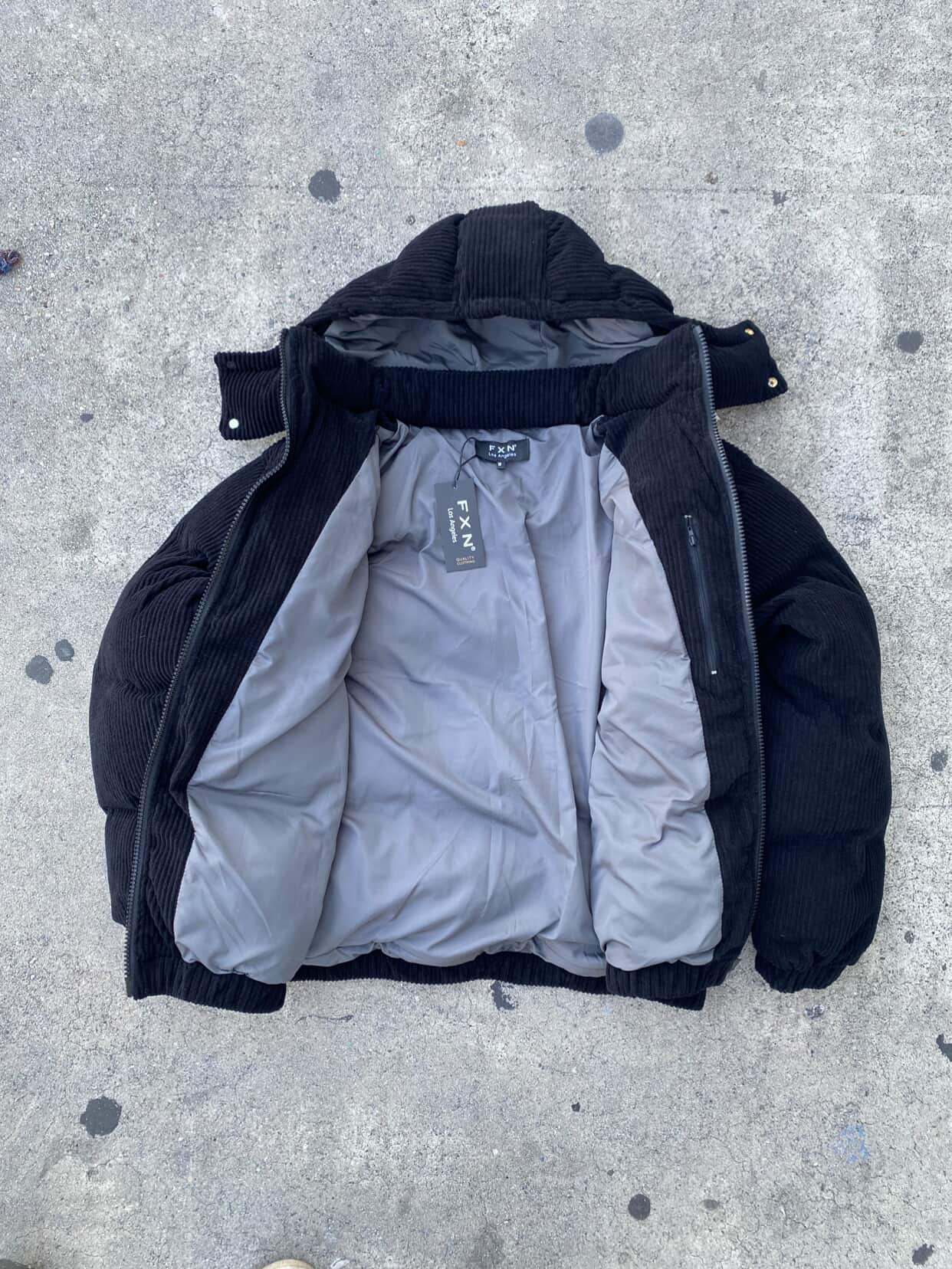 HOODED CORDUROY PUFF JACKET - BLACK
