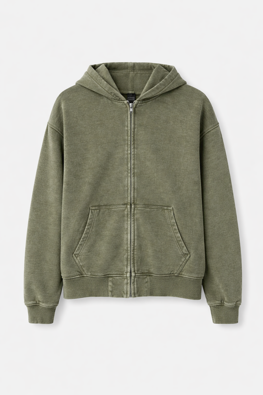 VINTAGE WASH ZIP HOODIE - OLIVE