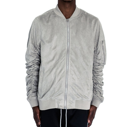 RUCHED SLEEVE SUEDED BOMBER JACKET - STEEL - FXN menswear