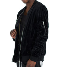 Load image into Gallery viewer, RUCHED SLEEVE VELOUR BOMBER JACKET - BLACK - FXN menswear