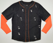 Load image into Gallery viewer, BLACK DISTRESSED DENIM BASEBALL JERSEY WITH ORANGE SLEEVES