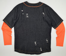 Load image into Gallery viewer, BLACK DISTRESSED DENIM BASEBALL JERSEY WITH ORANGE SLEEVES