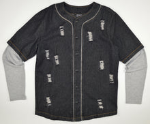 Load image into Gallery viewer, BLACK DISTRESSED DENIM BASEBALL JERSEY WITH GRAY SLEEVES