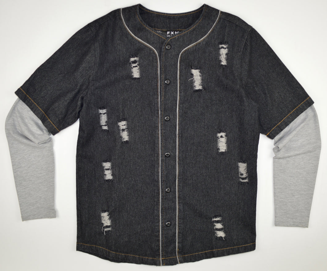 BLACK DISTRESSED DENIM BASEBALL JERSEY WITH GRAY SLEEVES