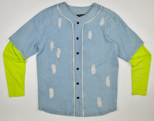 BLUE DISTRESSED DENIM BASEBALL JERSEY WITH GREEN SLEEVES