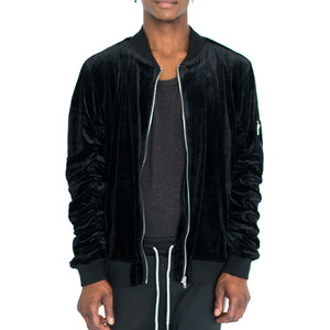 RUCHED SLEEVE VELOUR BOMBER JACKET - BLACK - FXN menswear