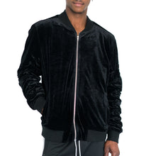 Load image into Gallery viewer, RUCHED SLEEVE VELOUR BOMBER JACKET - BLACK - FXN menswear