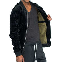 Load image into Gallery viewer, RUCHED SLEEVE VELOUR BOMBER JACKET - BLACK - FXN menswear