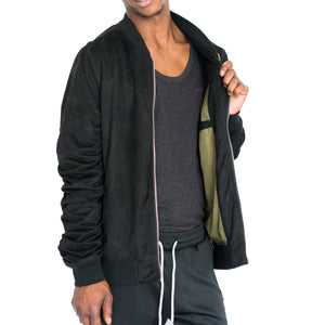 RUCHED SLEEVE SUEDED BOMBER JACKET - BLACK - FXN menswear