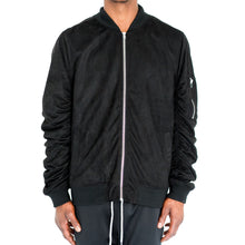 Load image into Gallery viewer, RUCHED SLEEVE SUEDED BOMBER JACKET - BLACK - FXN menswear