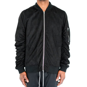 RUCHED SLEEVE SUEDED BOMBER JACKET - BLACK - FXN menswear
