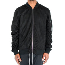 Load image into Gallery viewer, RUCHED SLEEVE VELOUR BOMBER JACKET - BLACK - FXN menswear
