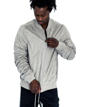 Load image into Gallery viewer, RUCHED SLEEVE SUEDED BOMBER JACKET - STEEL - FXN menswear