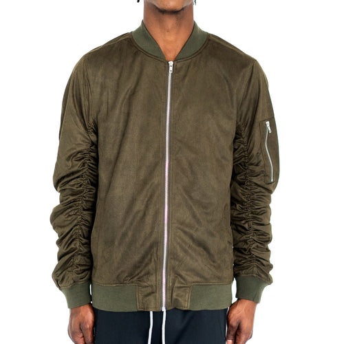 RUCHED SLEEVE SUEDED BOMBER JACKET - OLIVE GREEN - FXN menswear
